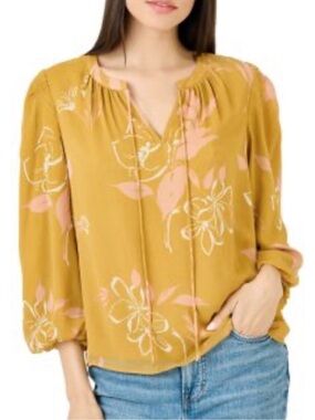 Daniel Rainn Mustard Yellow Floral V-Neck Peasant Blouse